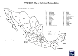 [ai] A black and white map of Mexico labeled with states and their corresponding numbers. The map includes geographical features like the Pacific Ocean and Gulf of Mexico, and is marked with key areas for reference.